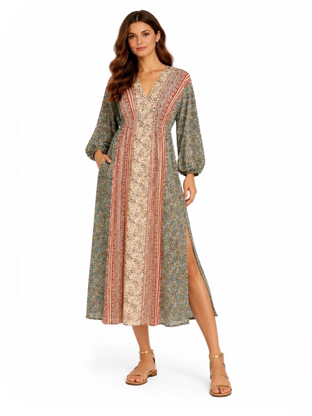 GIGIO Boho Patchwork Midi Dress Floral Cheetah Tribal Print Rayon Size Medium